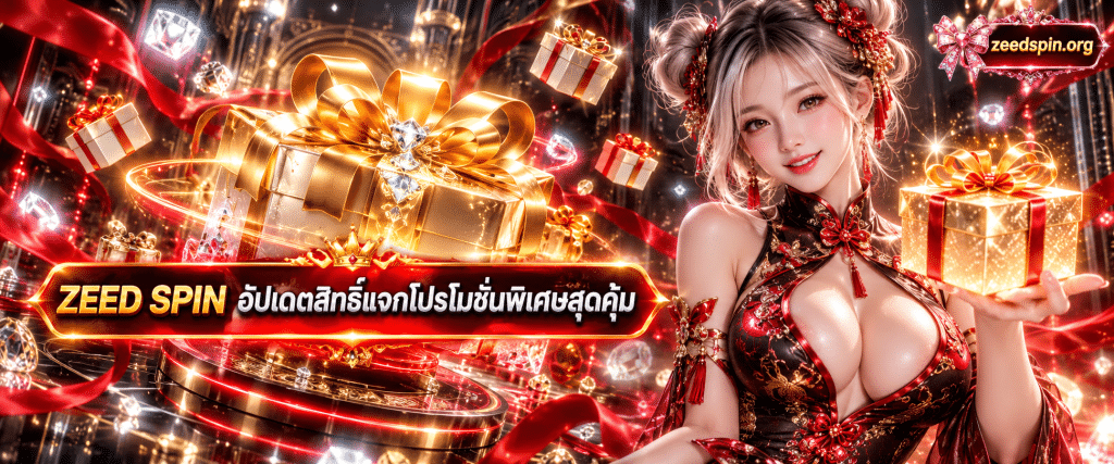 ภาพกล่องของขวัญสีทองบนพื้นหลังประกายแสงสวยงามเพื่อสื่อถึงระบบ ZEED SPIN โปรโมชั่น คืนยอดเสีย รายสัปดาห์ของสมาชิก